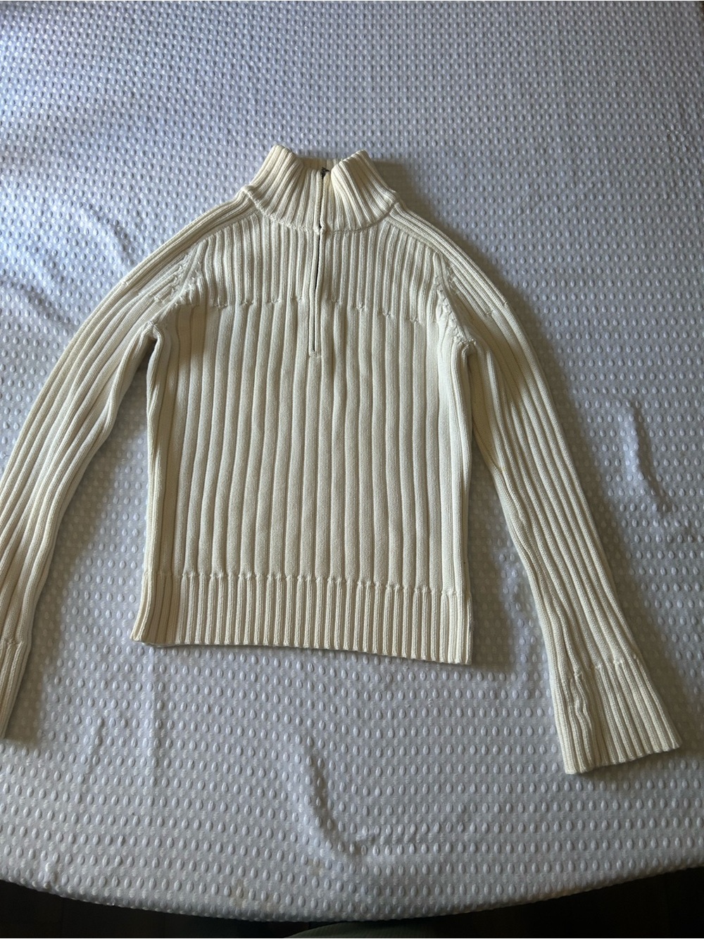 Cream Ribbed Knit Mock Neck Quarter Zip Sweater Bell Sleeve Pullover